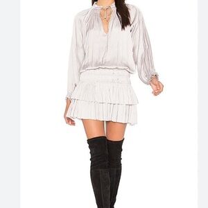 Ulla Johnson Piera Silver Pleated Satin Blouson Sleeve Smocked Dress SIZE 2